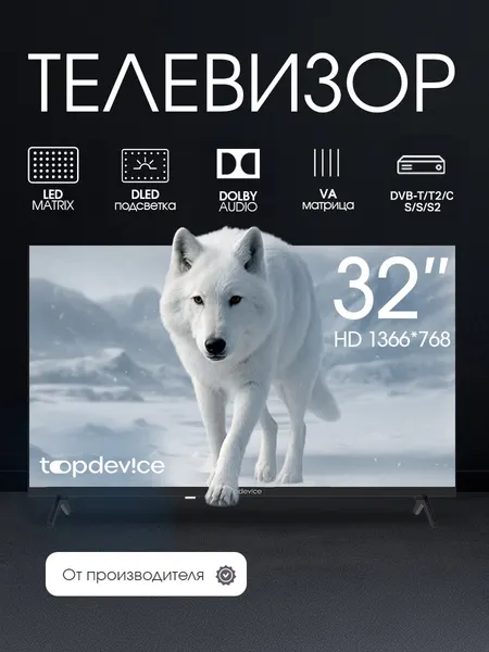 Телевизор Topdevice 32 дюйма HD, VA матрица, без Smart TV, DVB-T2, HDMI, USB (TDTV32CN04H_BK)