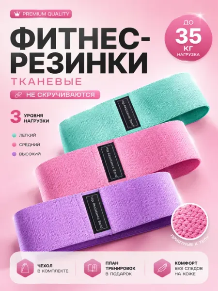 Era Sports Резинки для фитнеса тканевые для ног и ягодиц набор 3 шт