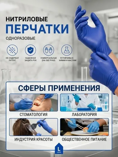 Одноразовые перчатки, нитриловые, без пудры, универсальные, 100 шт - Маски, перчатки, бахилы и шапочки