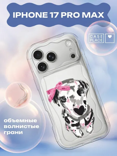 Чехол на Apple iPhone 17 Pro Max / Айфон 17 Про Макс с принтом Далматинец с бантиком 3