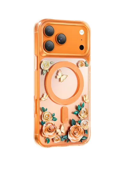 Чехол iPhone 17 Pro KEEPHONE RoseLand MagSafe Австрийские кристаллы и 3D-роза, Магниты N52 покрытие IML - Оранжевый