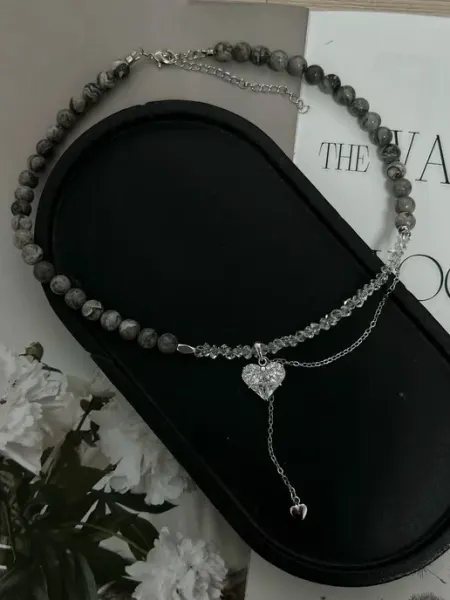 Чокер на шею из яшмы и хрусталя с подвеской сердце I AM JEWELRY
