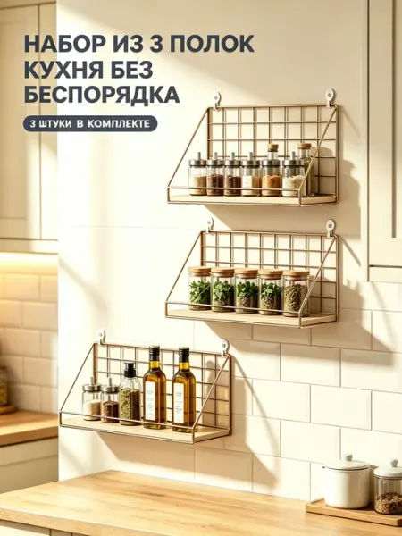 Полка золотистого без сверления набор 3 шт. (25 35 45 см)