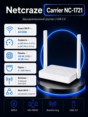 Wi-Fi роутер Netcraze Carrier NC-1721 (Wi-Fi 5, 100 Мбит/с, USB 2.0)