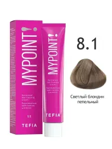 Tefia. Перманентная крем-краска для волос 8.1 светлый блондин пепельный Permanent Hair Coloring Cream MYPOINT 60 мл
