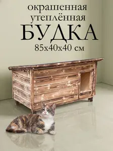 Домик будка для кошек уличный утеплённый окрашенный обожжёный, для 1-3 кошек, зимняя конура до 25см в холке, размер 85*40*40см
