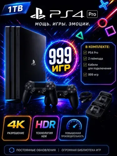 Игровая приставка Sony PlayStation 4 Pro 1000 ГБ + 1000 игр + Зарядная станция