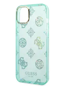 Чехол Guess PC/TPU на iPhone 14, для Айфон 14, с защитой камеры, с принтом Peony glitter, прозрачный мятный