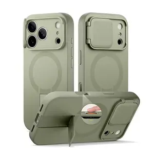 Чехол Suritch для iPhone 17 Pro, магнитный защитный чехол с крышкой камеры, регулируемая металлическая подставка, зеленый