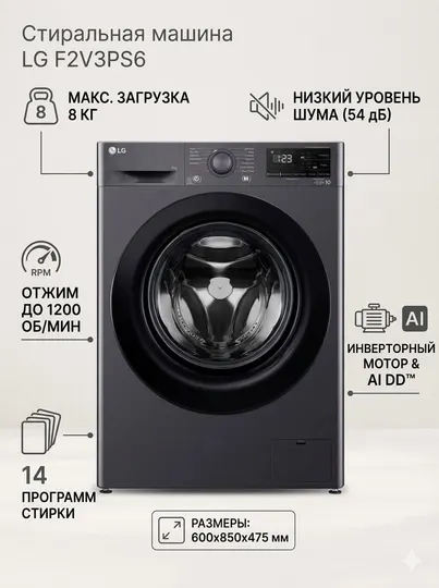 Стиральная машина LG F2V3PS6, Inverter, AI DD, 8 кг