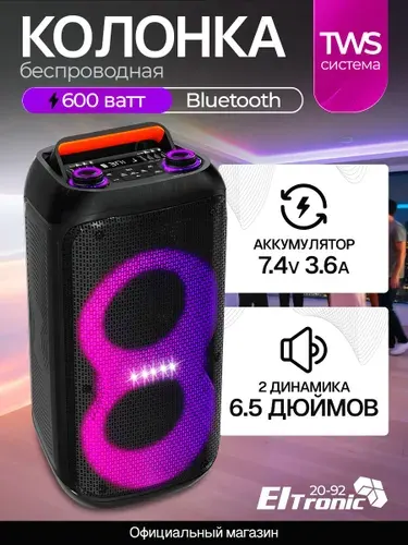 Портативная колонка ELTRONIC 20-92 DANCE BOX 600, 60 Вт RMS, TWS, 2 микрофона , RGB подсветка