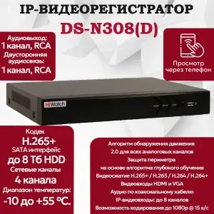 IP Видеорегистратор HiWatch DS-N308(D) 8 IP камер 8МП 4096x2160 30к/с на канал H.265+ черный