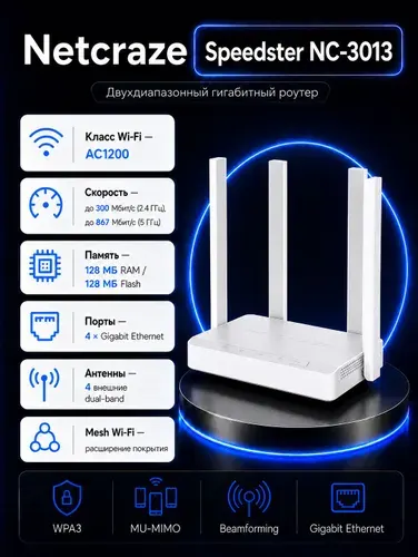 Wi-Fi роутер Netcraze Speedster NC-3013 (Wi-Fi 5, Mesh, Гигабитный)