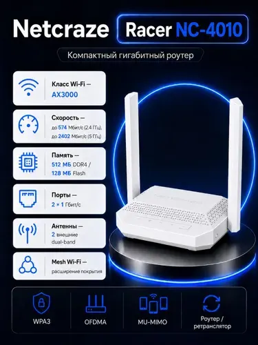 Wi-Fi роутер Netcraze Racer NC-4010 (Wi-Fi 6, Mesh, Гигабитный)