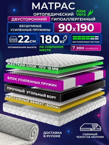 AMI MEBEL Матрас 90х190 ортопедический жесткий на кровать односпальный в рулоне скрученный, в скрутке, съемный чехол на молнии, независимые пружины