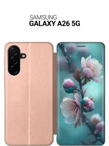 Чехол-книжка на Samsung Galaxy A26 с принтом "Распускающиеся бутоны" золотой