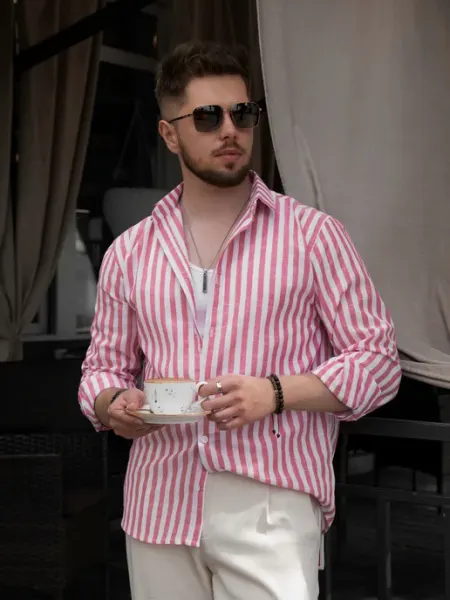 LION FASHION Рубашка льняная в полоску с длинным рукавом летняя