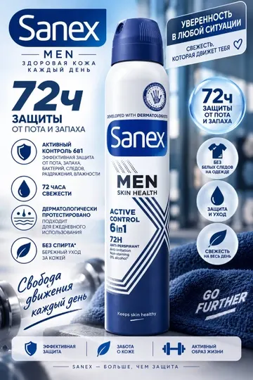 Антиперспирант-спрей Sanex, защита от пота и запаха 48–72 часа - Дезодоранты и спреи для ног