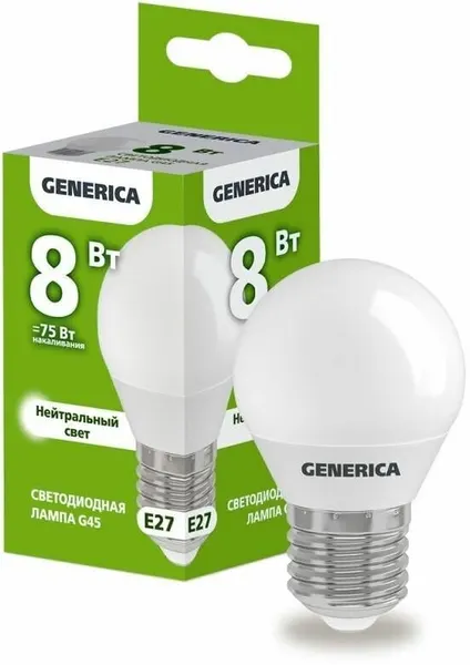Лампа светодиодная G45 8Вт шар 4000К E27 230В GENERICA LL-G45-08-230-40-E27-G