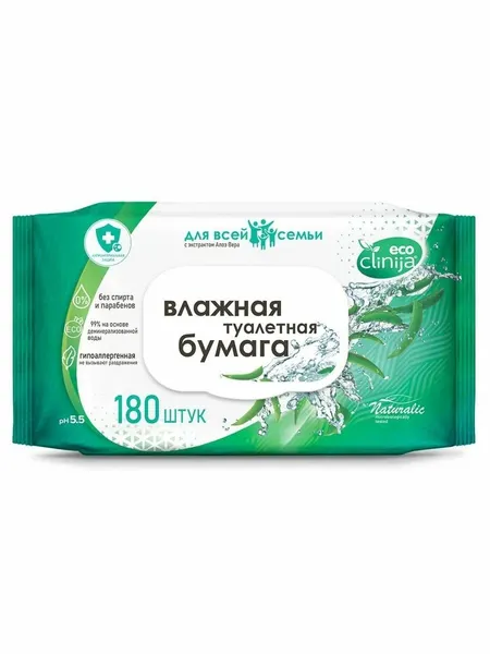 Туалетная бумага влажная eco clinija Алоэ вера с клапаном 180 шт.