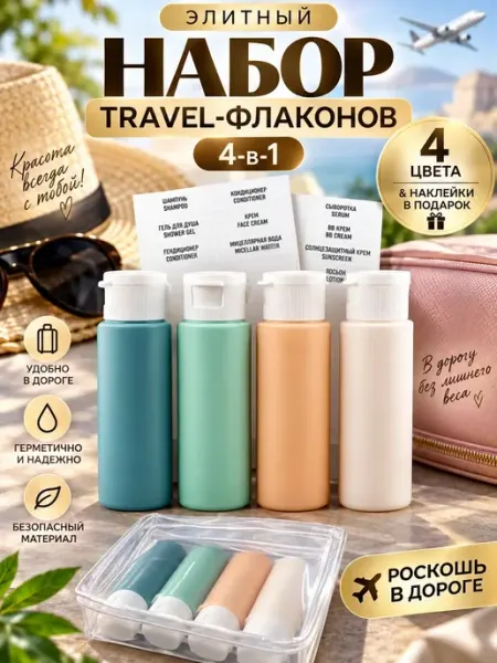 Дорожный набор флаконов для косметики с наклейками 4 шт ХАЙР