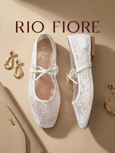 Rio Fiore Балетки летние свадебные с завязками и вышивкой кружевные