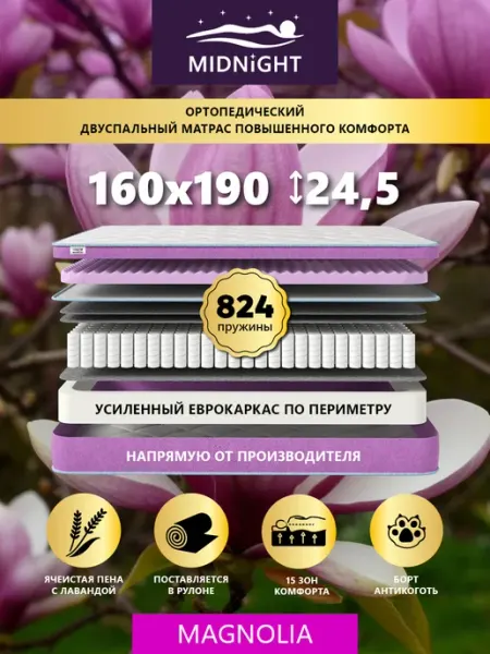 Матрас 160х190 ортопедический пружинный на кровать MIDNIGHT