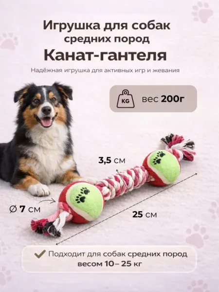 FOXKON Грызак гантеля с канатом и мячами для средних собак