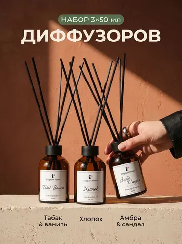 Диффузор для дома с палочками парфюмированный Fragrant House ароматизатор, набор 3 шт