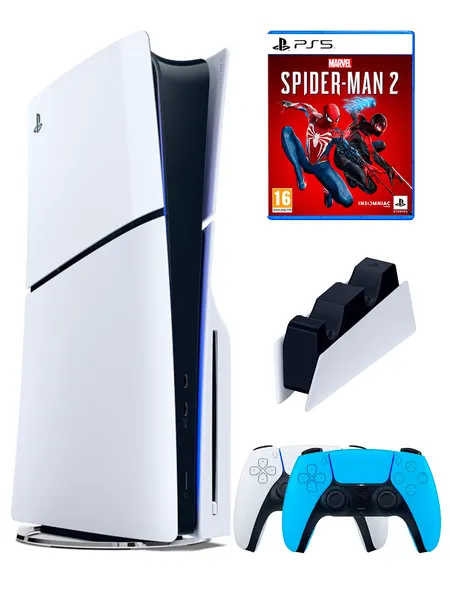 PS5 (ПС5) Игровая приставка Sony PlayStation 5 Slim disc + 2-й геймпад (голубой)+ зарядное + игра Spider-Man2