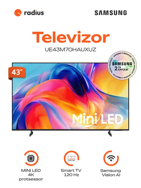 Телевизор Samsung Mini LED UE43M70HAUXUZ, 4K Samsung Vision AI Smart TV (2026)