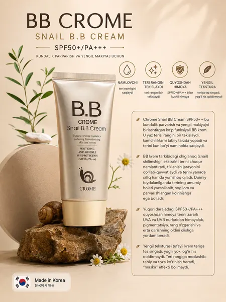 Тональный крем BB для лица Crome Snail B.B Cream SPF50+ PA+++, мягкий увлажняющий крем