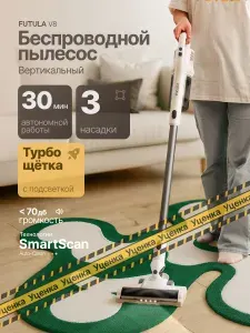 Пылесос вертикальный беспроводной Futula V8, белый / Аккумуляторный электровеник с подсветкой и Hepa фильтром / Компактный пылесос с креплением на стену. Товар уцененный