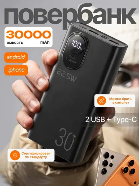 Повербанк 30000mah внешний аккумулятор с быстрой зарядкой