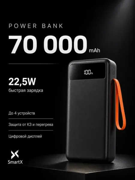 Внешний аккумулятор 70000 мАч со встроенными кабелями
