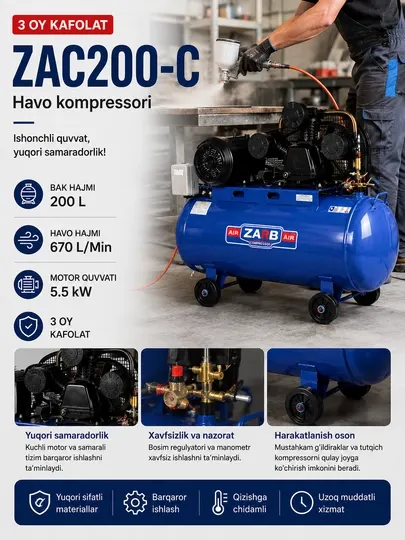 Воздушный компрессор ZAC200-C, 200 л, 5,5 кВт, 670 л/мин, 8 бар - Компрессоры