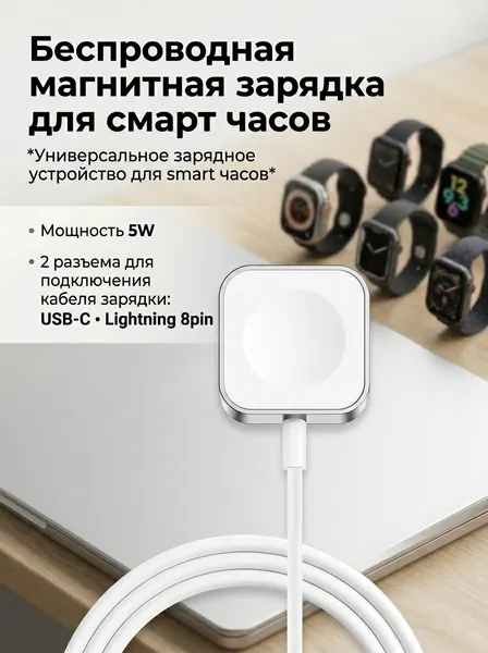 Беспроводная магнитная зарядка для смарт часов 5W серебристый-белый