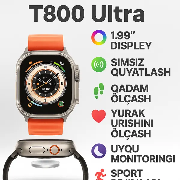 Умные часы T800 Ultra, с беспроводной зарядкой, 1.99", GPS+Cellular, IP67