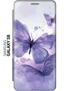 Чехол-книжка на Samsung Galaxy S8 с принтом "Сиреневые акварельные бабочки" золотой