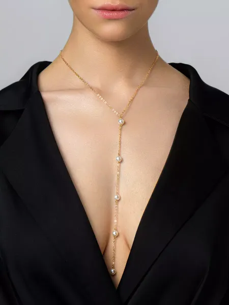 GELLA JEWELRY Колье-галстук под золото длинное с жемчугом