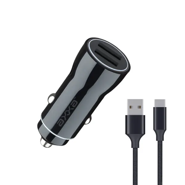 Автомобильное зарядное устройство 2 USB 2.4А, дата-кабель USB-C, 1m, черный, Axxa, Deppa 2233