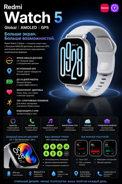 Умные часы Redmi Watch 5 Global AMOLED GPS Bluetooth звонки 5.3