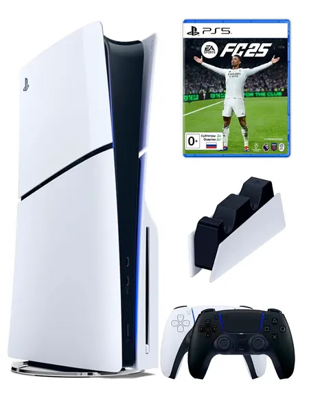 PS5 (ПС5) Игровая приставка Sony PlayStation 5 Slim disc + 2-й геймпад(черный) + зарядное + игра FIFA 25