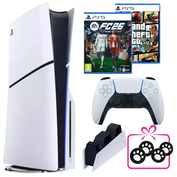 Игровая приставка PS5 Slim с дисководом, FIFA 26 (новинка), GTA 5, зарядная станция