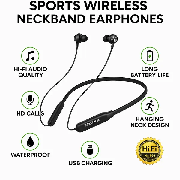 Наушники kakusiga sports wireless neckband, Hi-Fi звук, с шейным ободом, черные