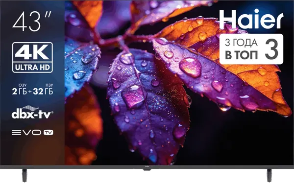 Телевизор Haier 43" 43H5GUX, 4K UHD 3840 × 2160, Google TV, 60 Гц, 2\32 ГБ