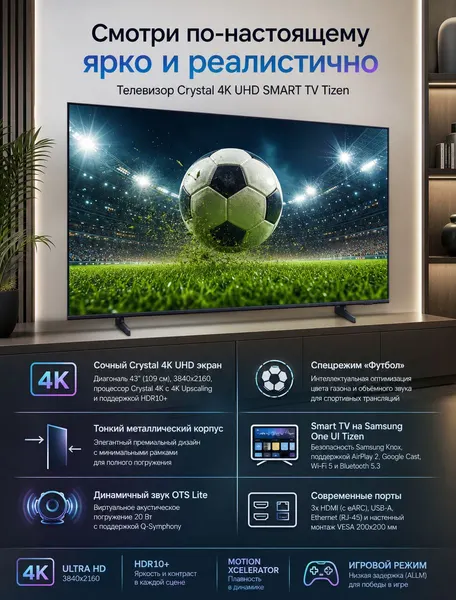 Телевизор Samsung UE43U8000HUXPY 43" 4K UHD, Smart TV, черный