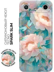 Чехол на Tecno Spark Slim с принтом "Пионы и стрекозы"