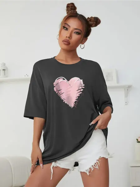 ПОП КУЛЬТУРА Оверсайз футболка хлопок с принтом Pink Heart