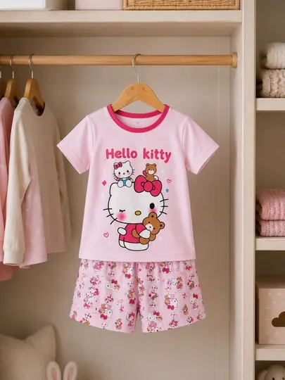 Пижама Hello Kitty для девочки, хлопковый комплект: футболка, шорты для сна